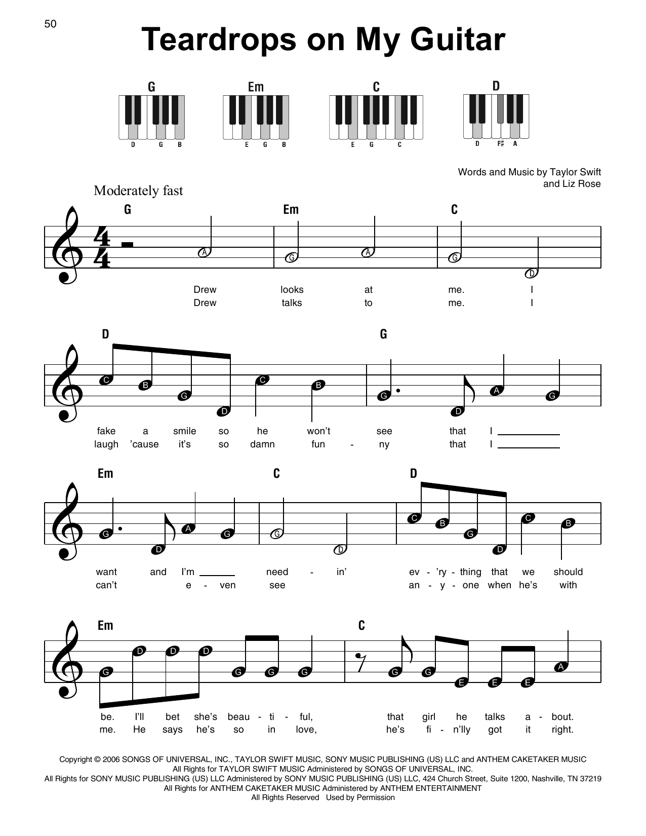 Taylor Swift Teardrops On My Guitar sheet music notes and chords. Download Printable PDF.