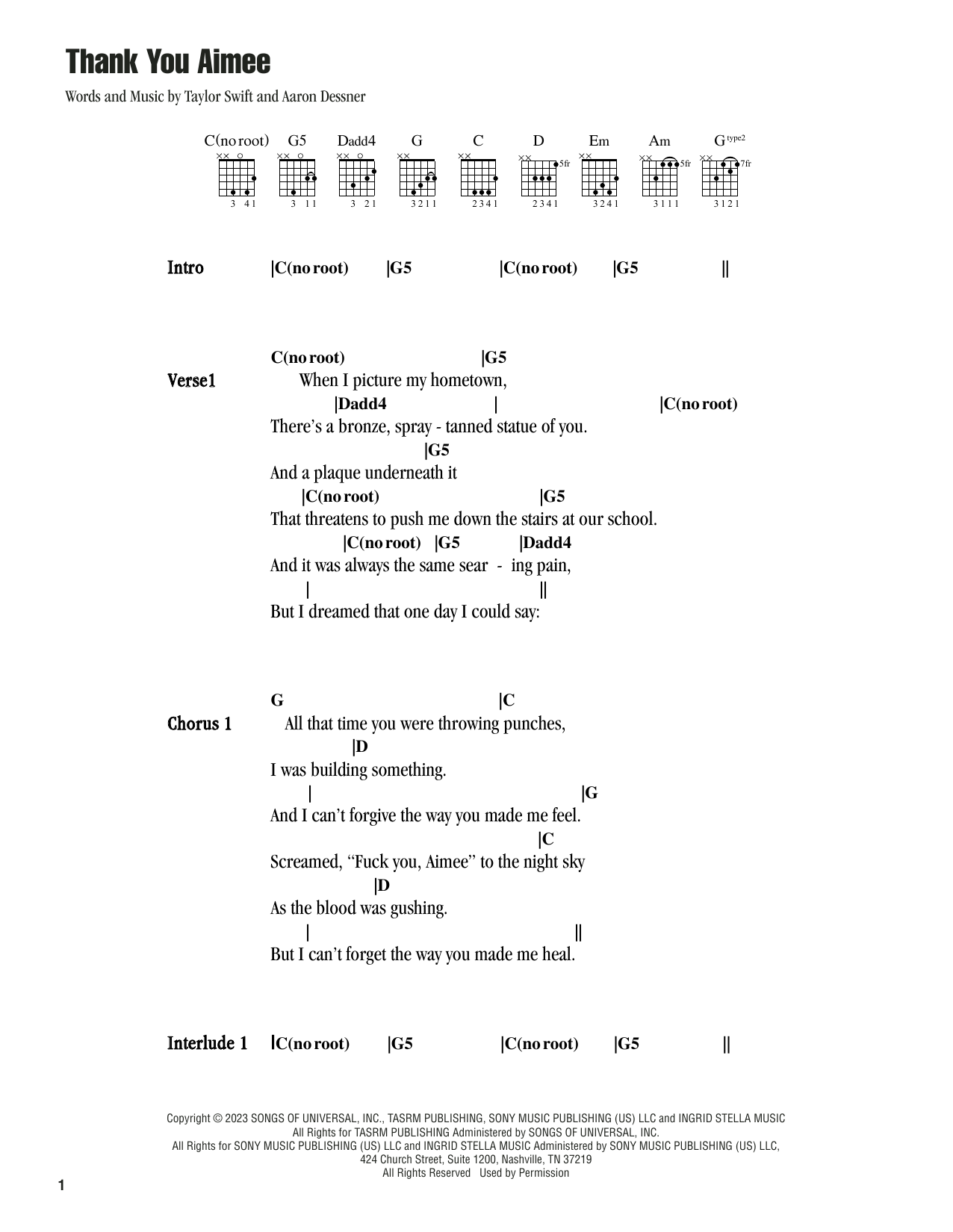 Taylor Swift thanK you aIMee sheet music notes and chords. Download Printable PDF.