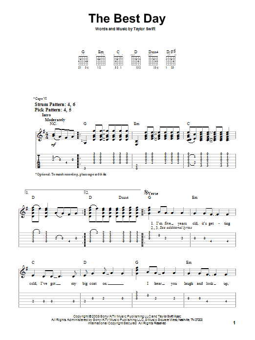 Taylor Swift The Best Day sheet music notes and chords. Download Printable PDF.