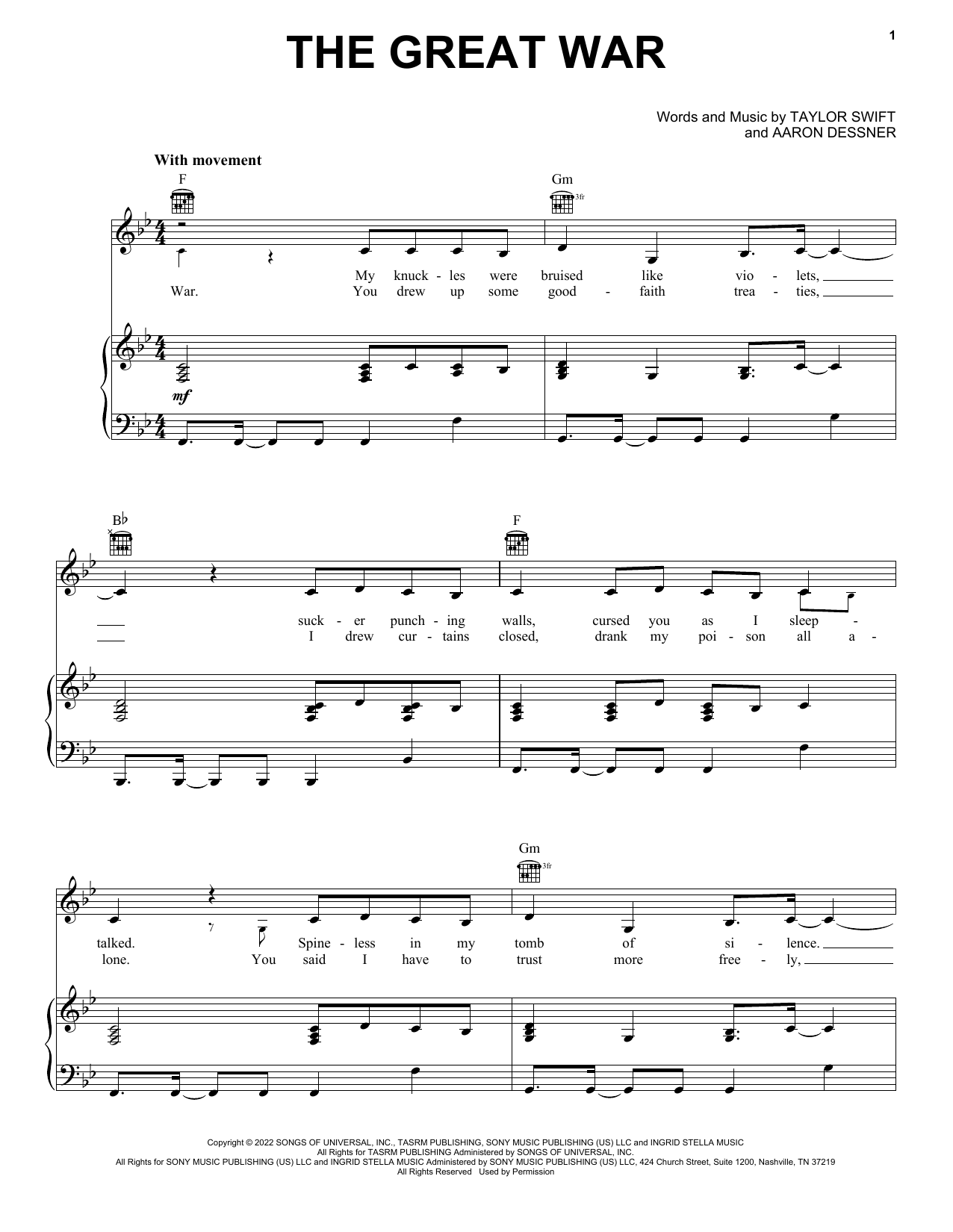 Taylor Swift The Great War sheet music notes and chords. Download Printable PDF.