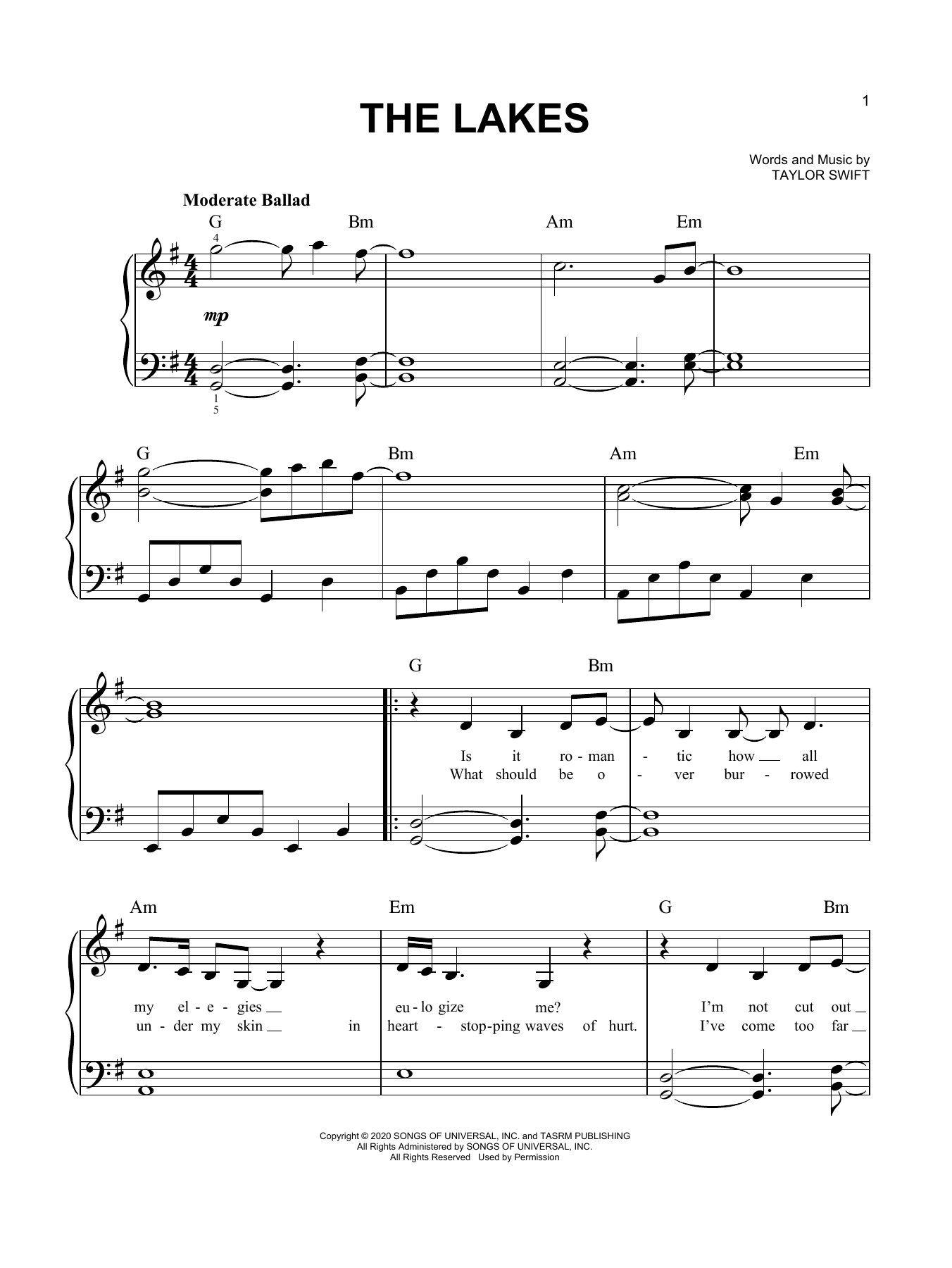 Taylor Swift the lakes sheet music notes and chords. Download Printable PDF.