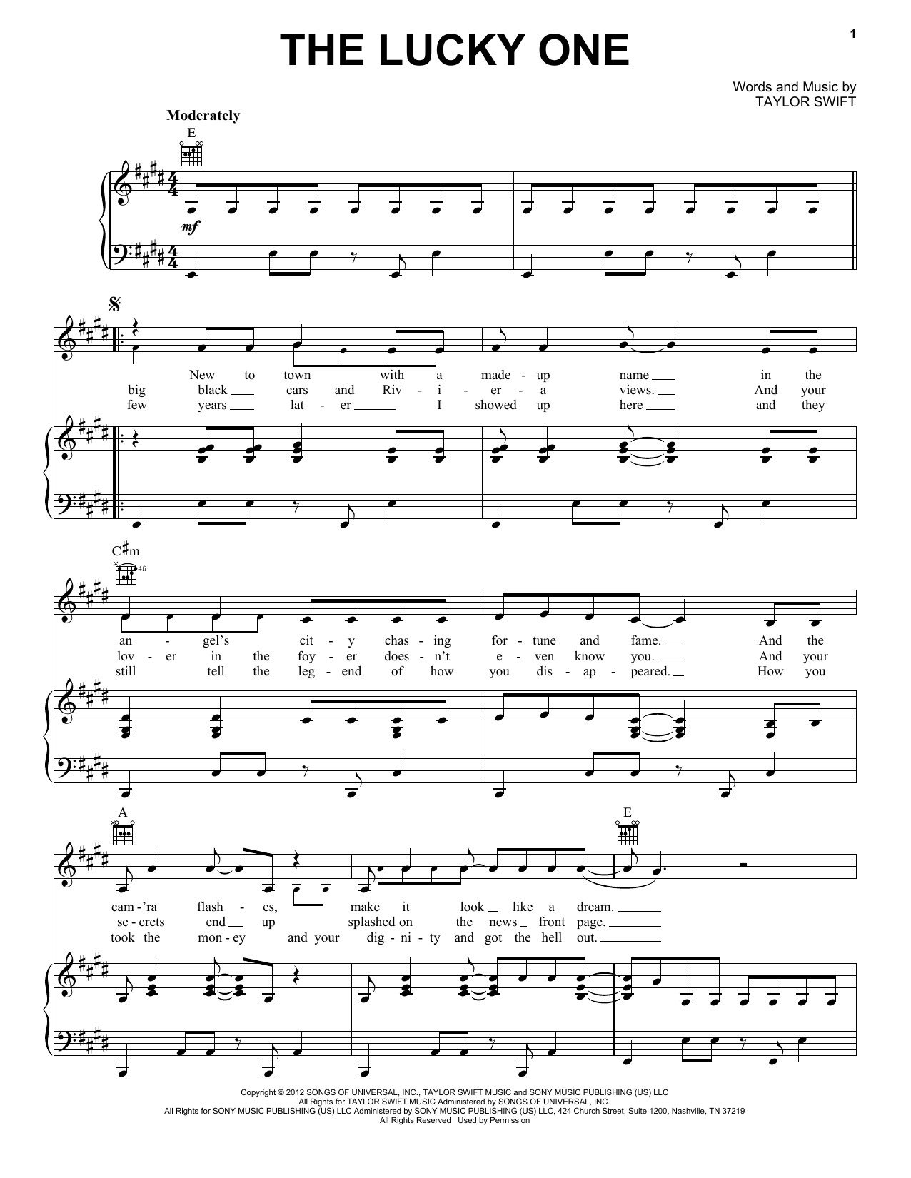 Taylor Swift The Lucky One sheet music notes and chords. Download Printable PDF.