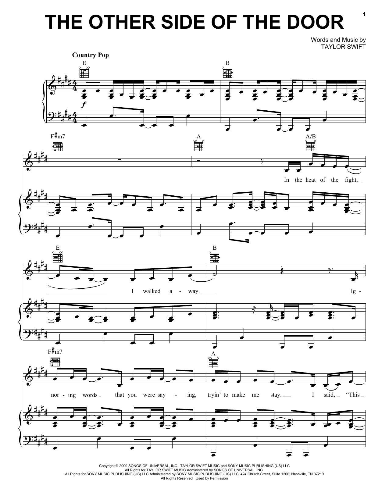 Taylor Swift The Other Side Of The Door (Taylor's Version) sheet music notes and chords arranged for Piano, Vocal & Guitar Chords (Right-Hand Melody)