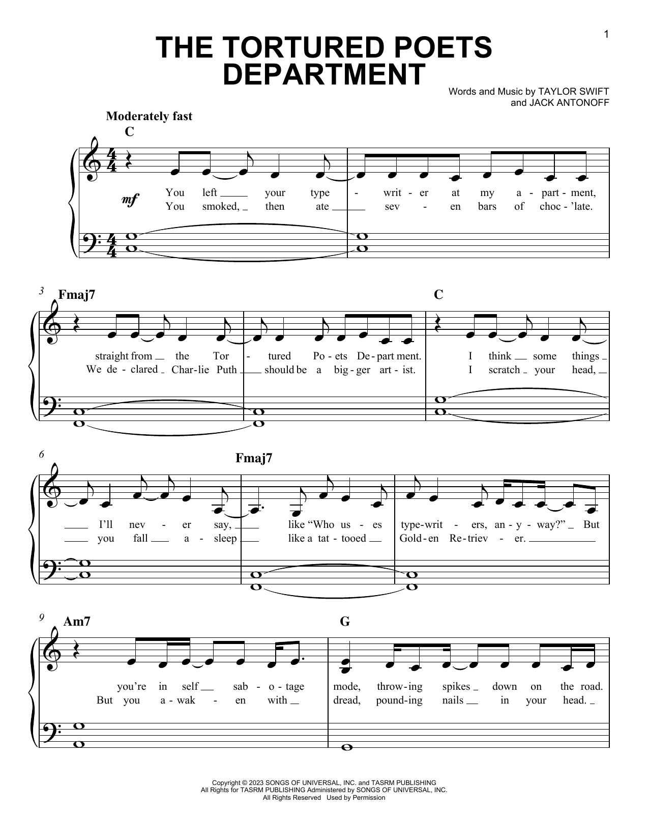 Taylor Swift The Tortured Poets Department sheet music notes and chords. Download Printable PDF.