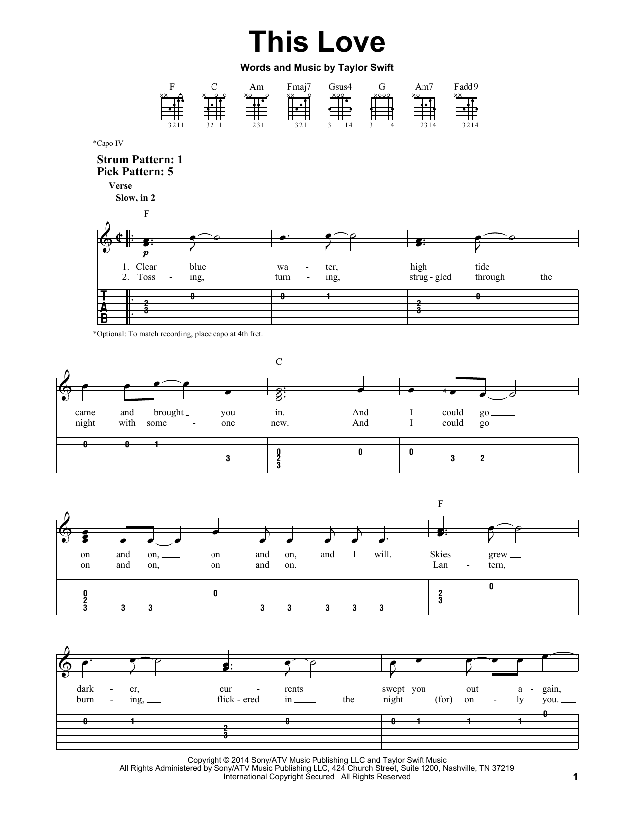 Taylor Swift This Love sheet music notes and chords. Download Printable PDF.