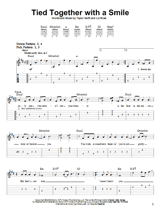 Taylor Swift Tied Together With A Smile sheet music notes and chords. Download Printable PDF.