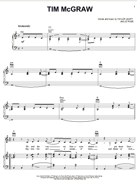 Taylor Swift Tim McGraw sheet music notes and chords. Download Printable PDF.