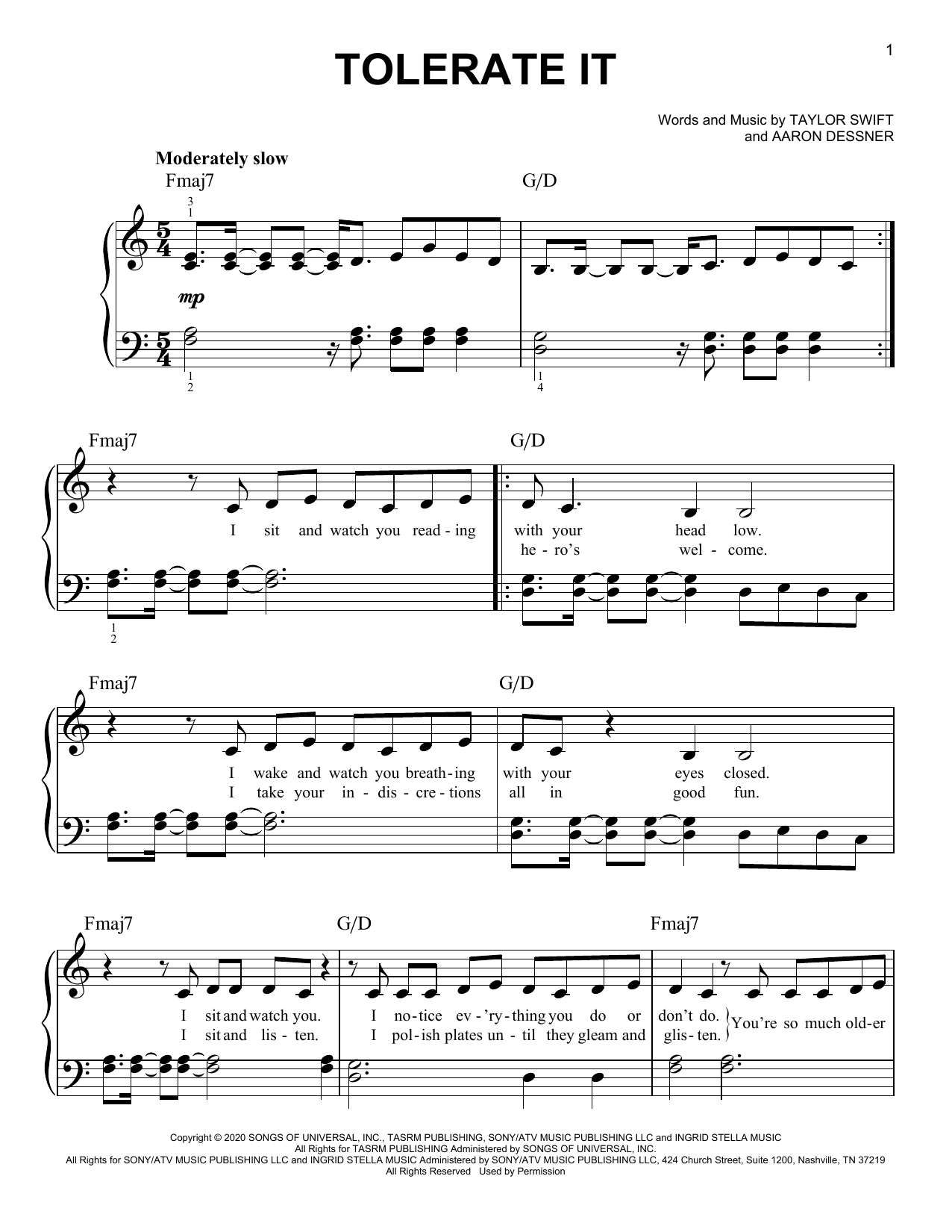 Taylor Swift tolerate it sheet music notes and chords. Download Printable PDF.