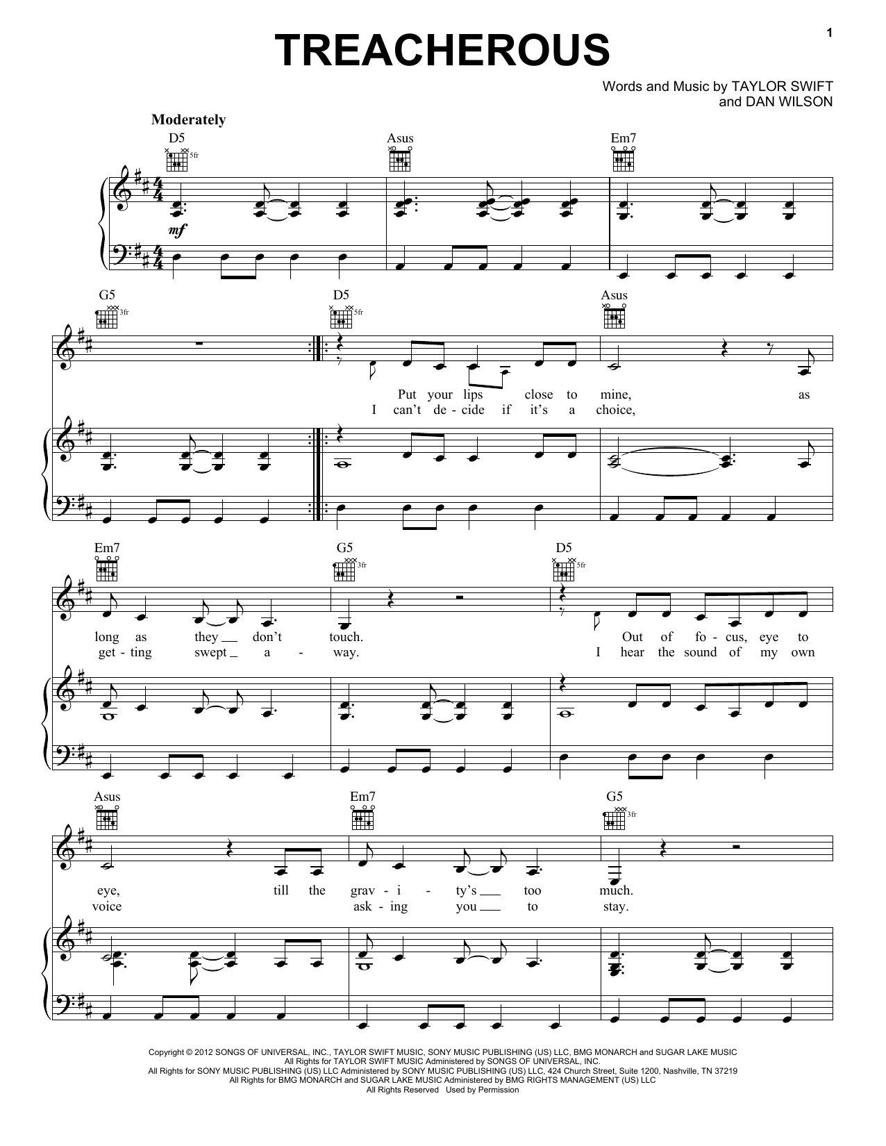 Taylor Swift Treacherous sheet music notes and chords. Download Printable PDF.