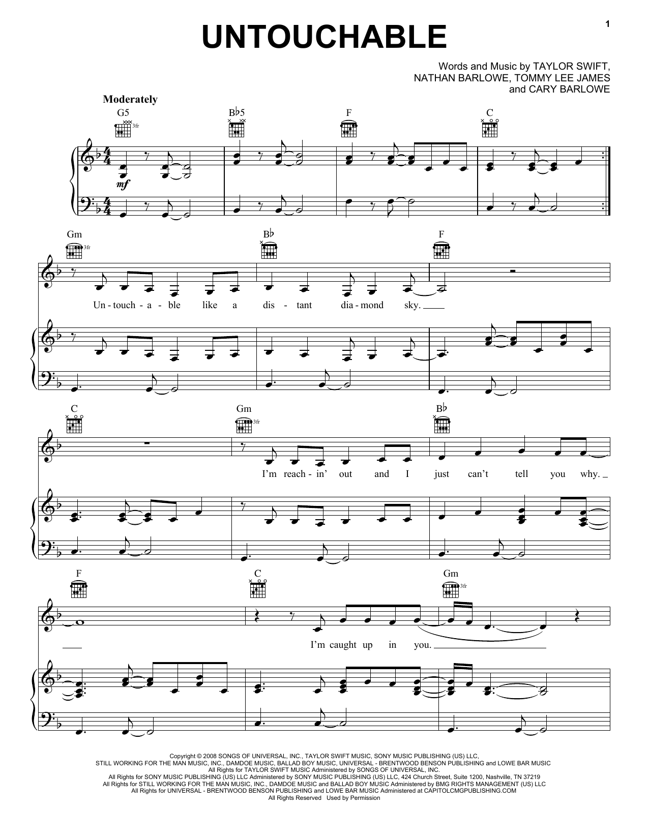 Taylor Swift Untouchable (Taylor's Version) sheet music notes and chords arranged for Piano, Vocal & Guitar Chords (Right-Hand Melody)