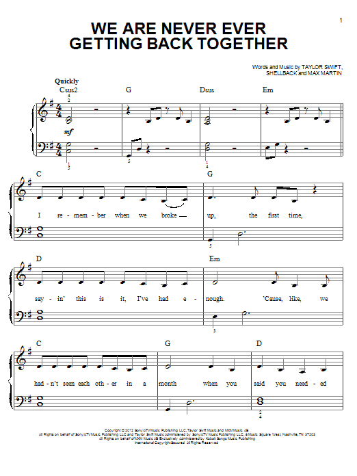 Taylor Swift We Are Never Ever Getting Back Together sheet music notes and chords. Download Printable PDF.