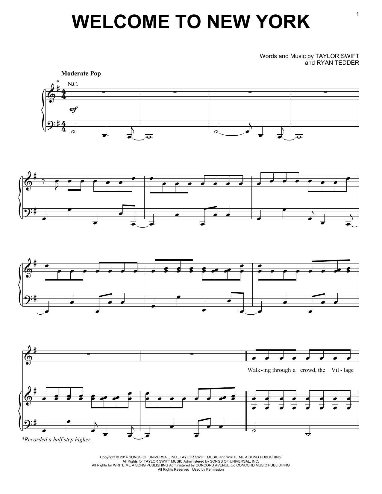 Taylor Swift Welcome To New York sheet music notes and chords. Download Printable PDF.