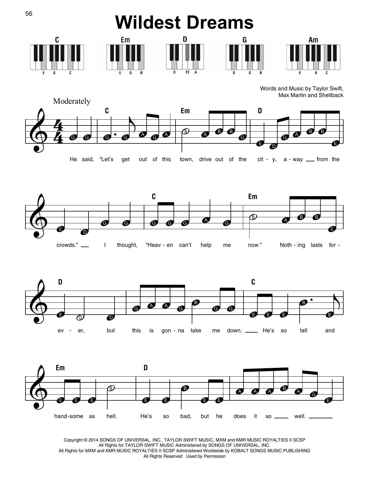 Taylor Swift Wildest Dreams sheet music notes and chords. Download Printable PDF.