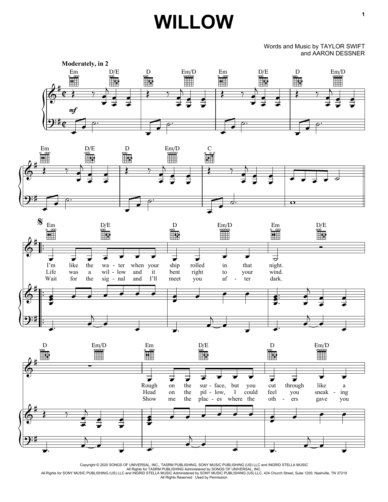 Taylor Swift willow sheet music notes and chords. Download Printable PDF.