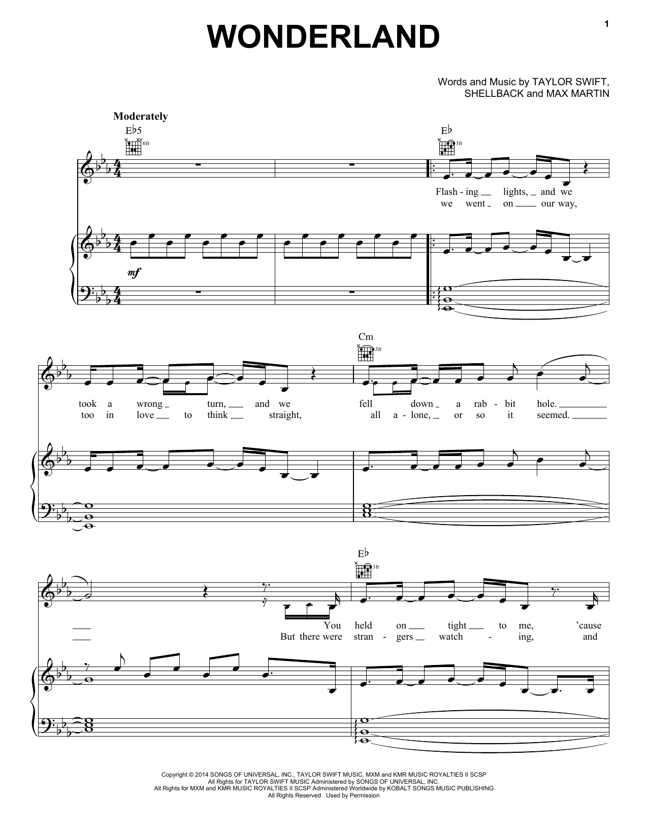 Taylor Swift Wonderland sheet music notes and chords. Download Printable PDF.