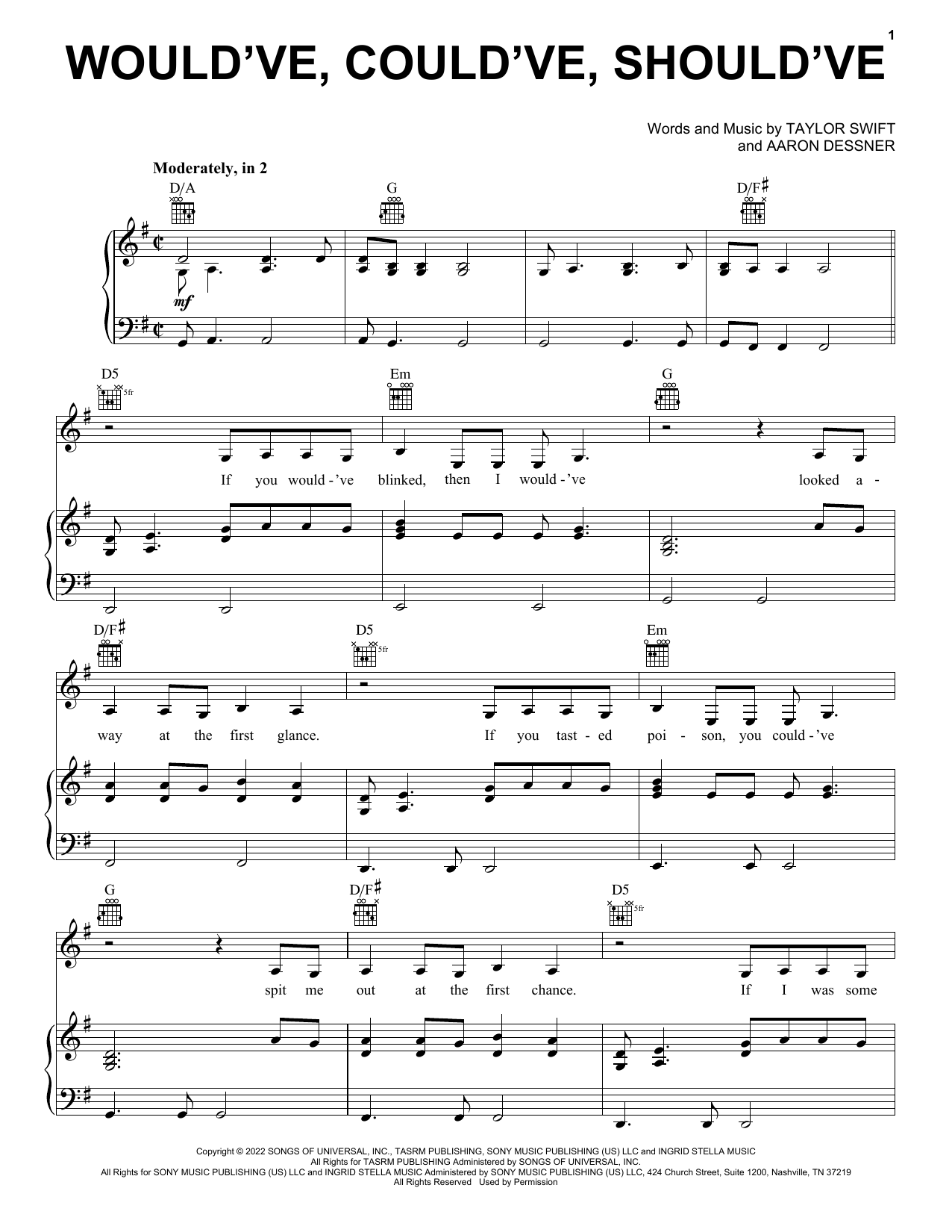 Taylor Swift Would've, Could've, Should've sheet music notes and chords arranged for Piano, Vocal & Guitar Chords (Right-Hand Melody)