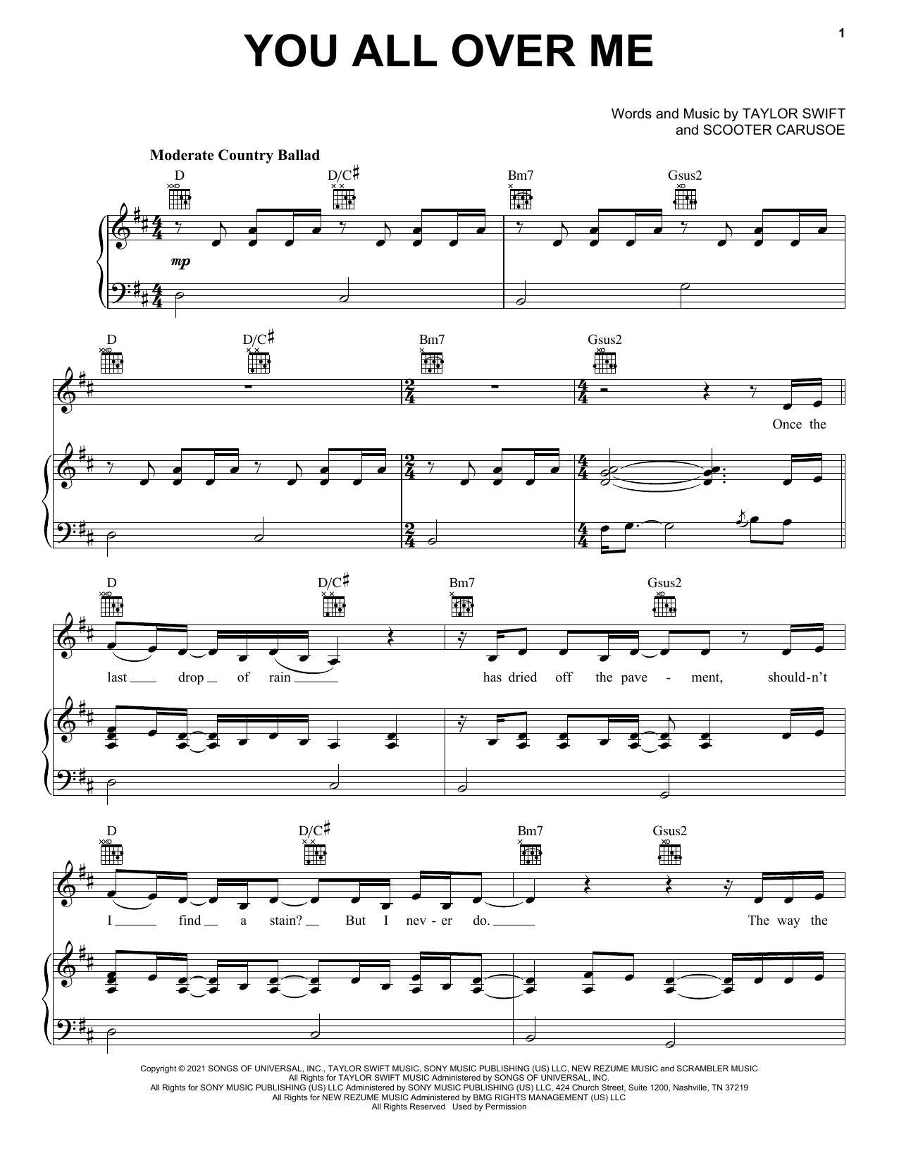 Taylor Swift You All Over Me sheet music notes and chords. Download Printable PDF.