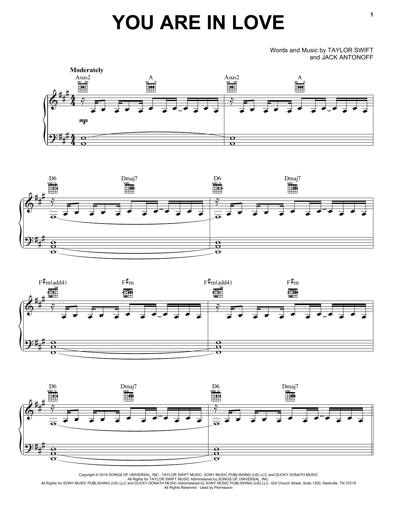 Taylor Swift You Are In Love sheet music notes and chords. Download Printable PDF.