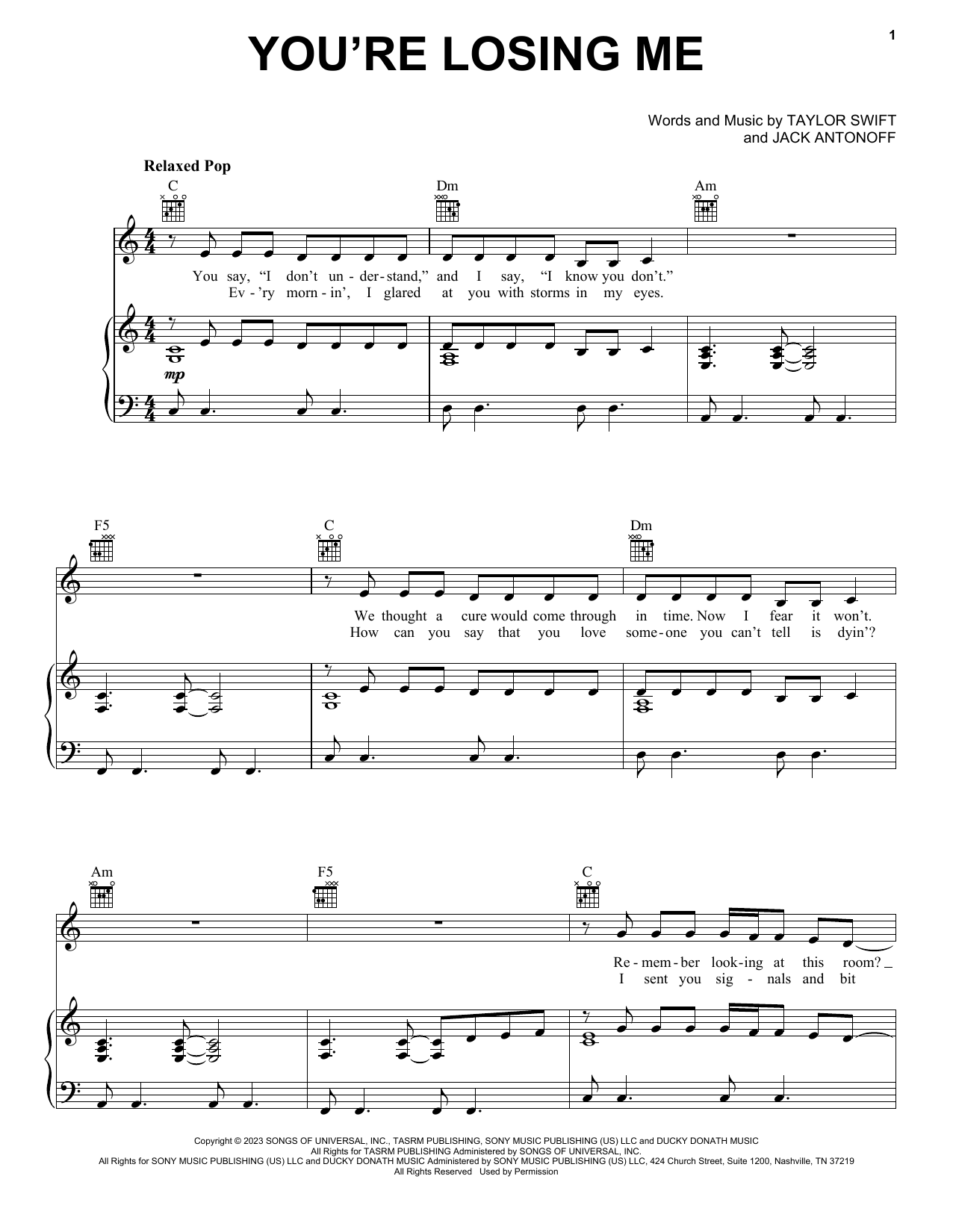 Taylor Swift You're Losing Me sheet music notes and chords. Download Printable PDF.