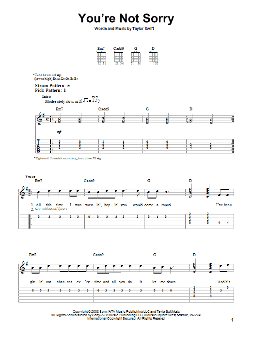 Taylor Swift You're Not Sorry sheet music notes and chords. Download Printable PDF.