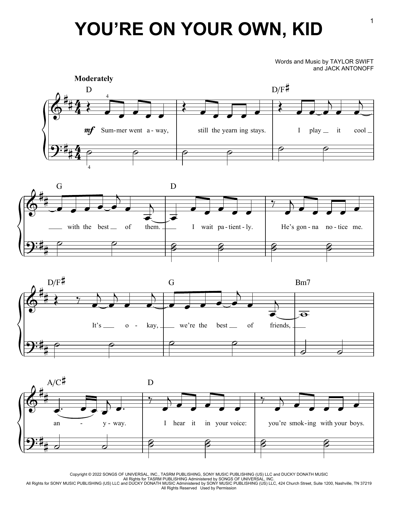 Taylor Swift You're On Your Own, Kid sheet music notes and chords. Download Printable PDF.