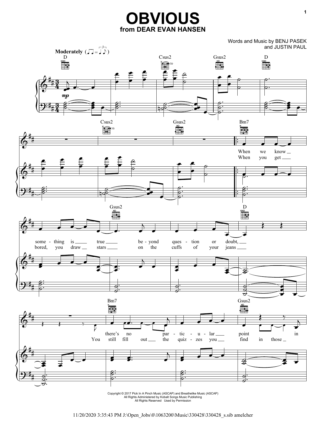 Taylor Trensch Obvious (from Dear Evan Hansen) sheet music notes and chords. Download Printable PDF.