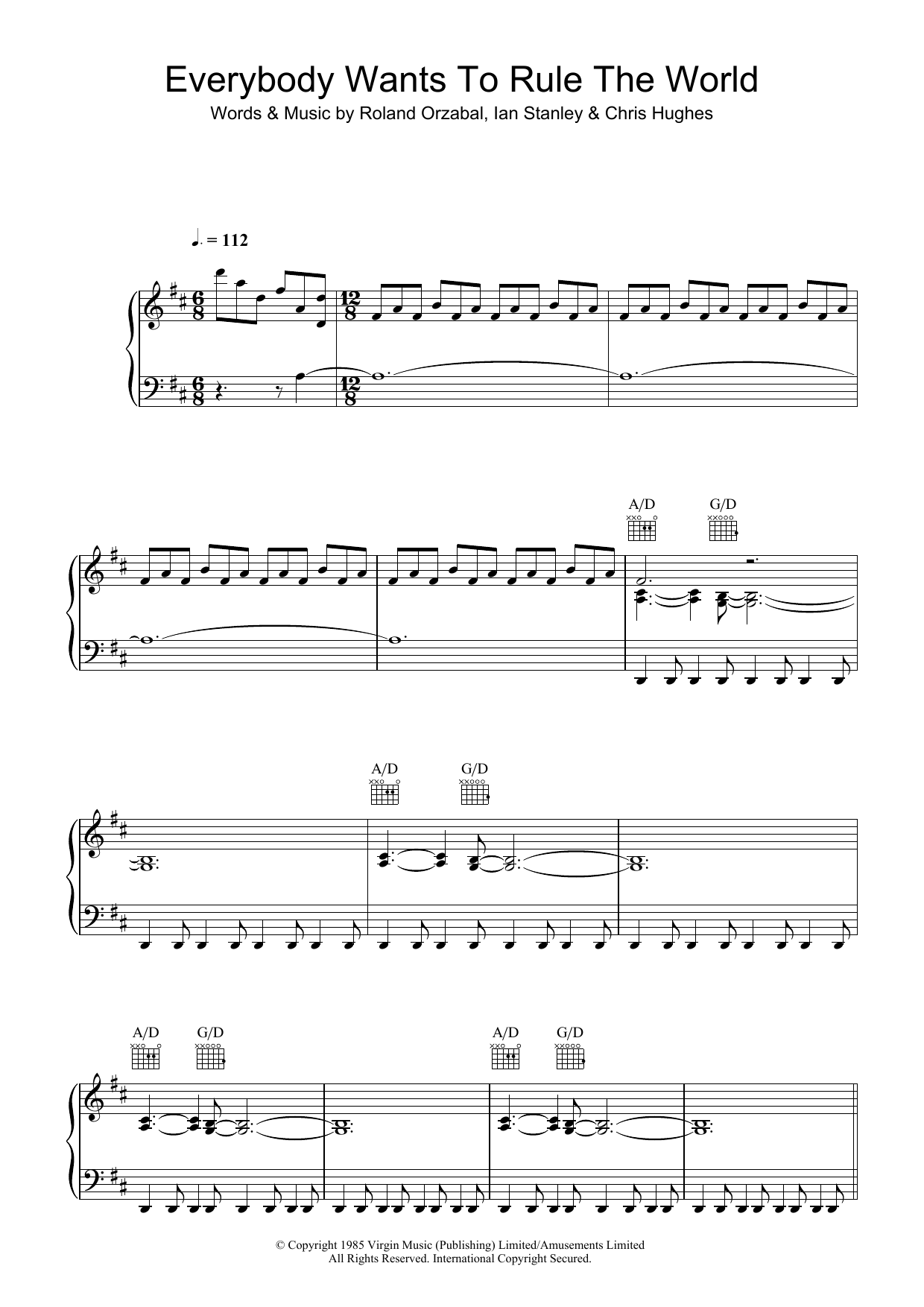 Tears For Fears Everybody Wants To Rule The World sheet music notes and chords. Download Printable PDF.