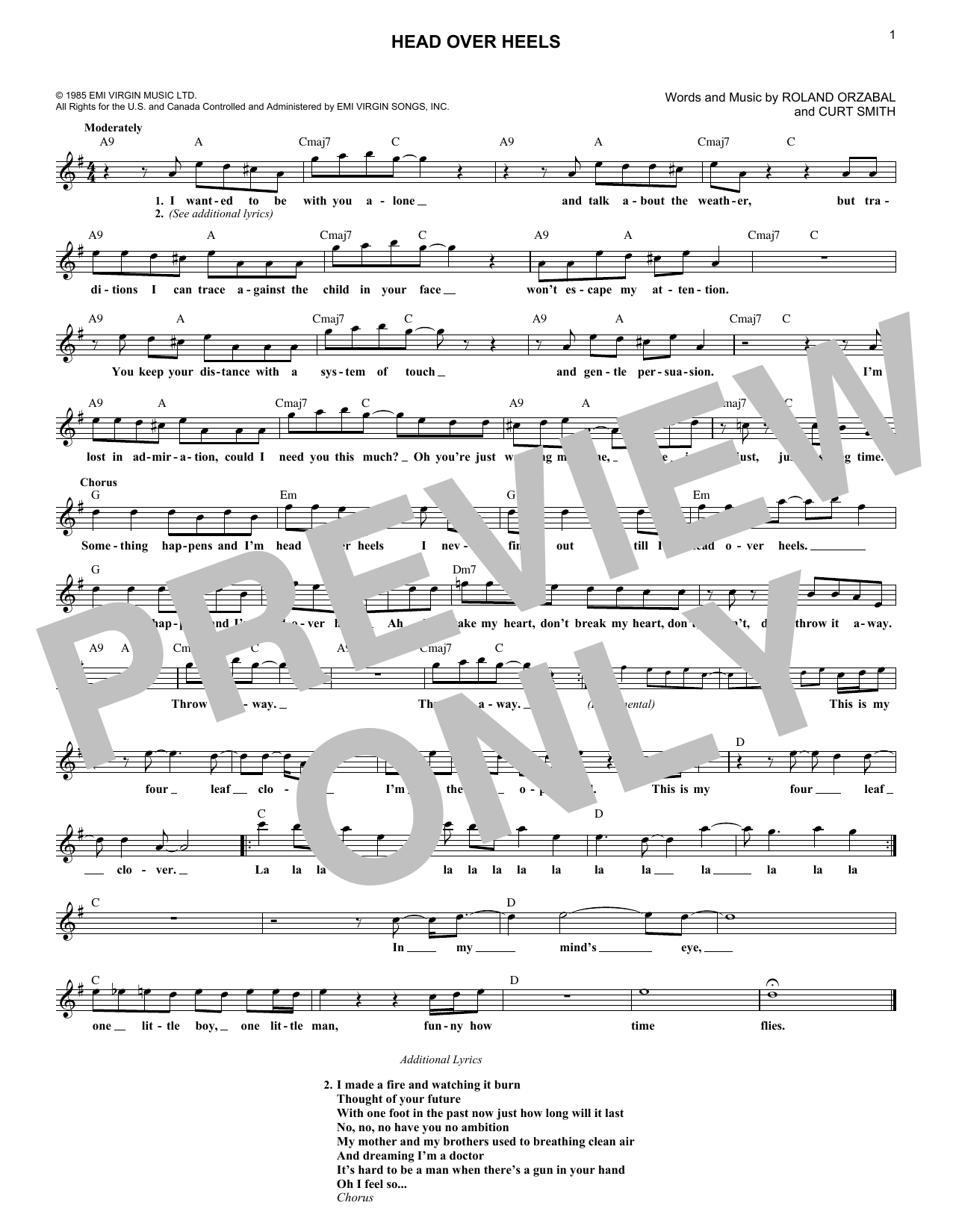 Learn to play Tears for Fears Head Over Heels sheet music for Lead Sheet / Fake Book in minutes. Price: 5.9900$ Tears for Fears Head Over Heels sheet music notes and chords arranged for Lead Sheet / Fake Book
