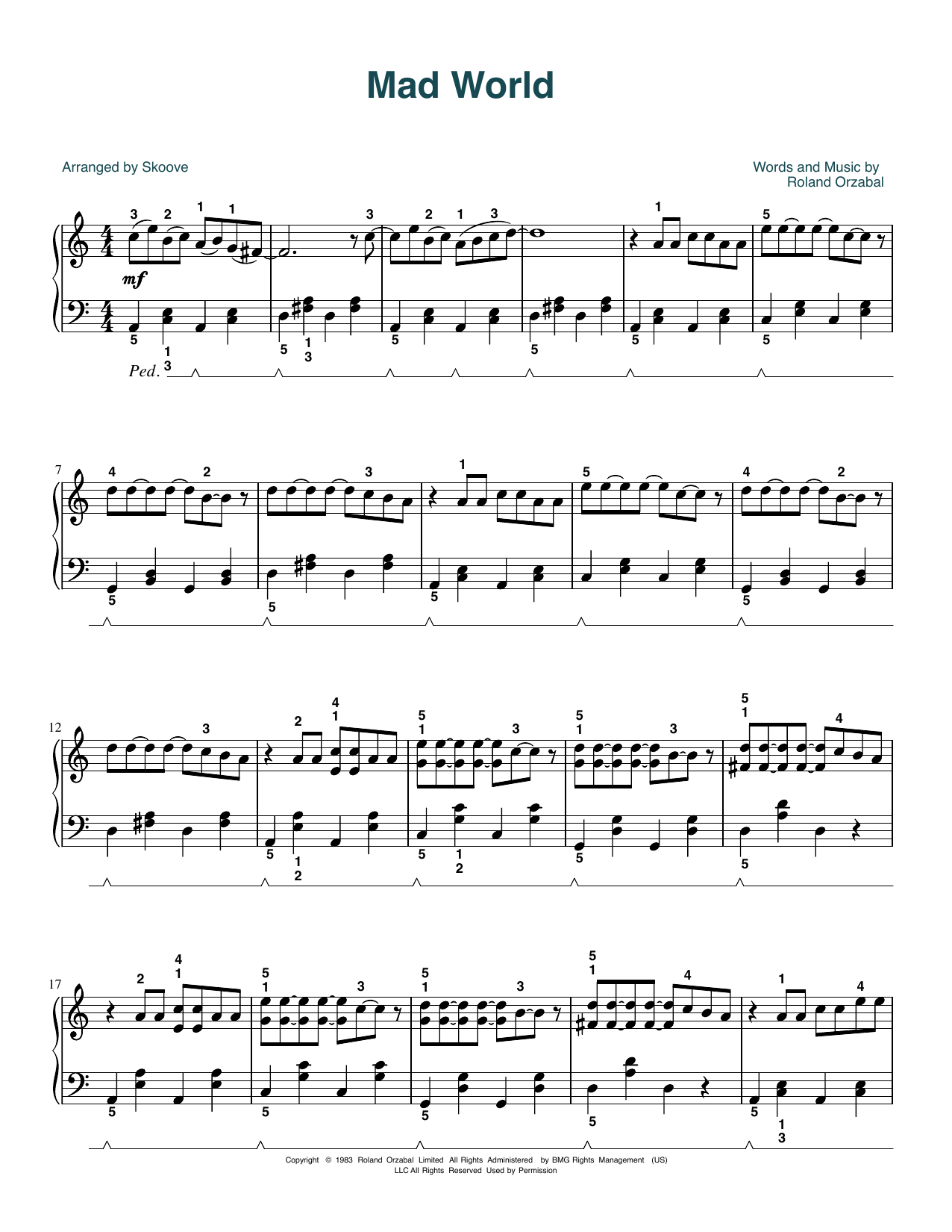 Tears For Fears Mad World (arr. Skoove) sheet music notes and chords. Download Printable PDF.