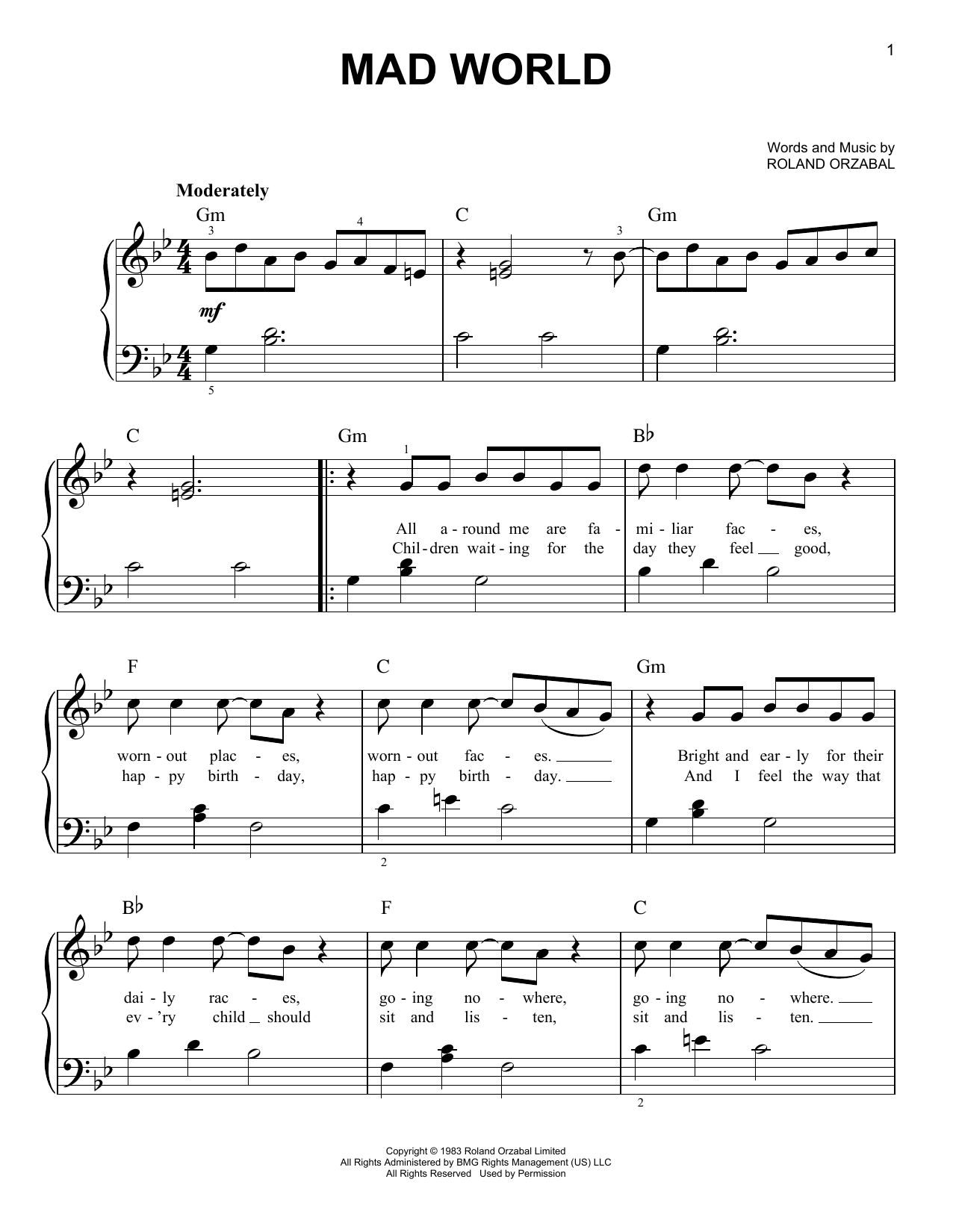 Tears for Fears Mad World sheet music notes and chords. Download Printable PDF.