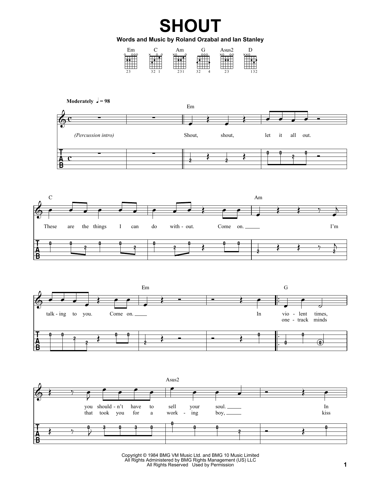 Tears For Fears Shout sheet music notes and chords. Download Printable PDF.