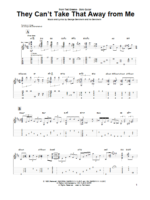 Learn to play Ted Greene They Can't Take That Away From Me sheet music for Guitar Tab in minutes. Price: 7.8900$ Ted Greene They Can't Take That Away From Me sheet music notes and chords arranged for Guitar Tab