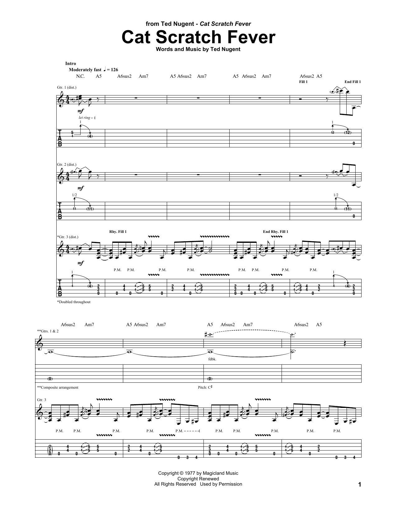 Ted Nugent Cat Scratch Fever sheet music notes and chords. Download Printable PDF.