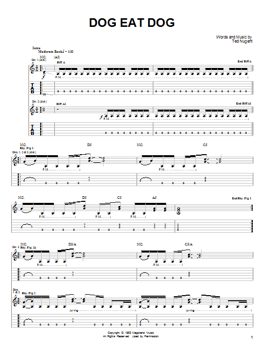 Learn to play Ted Nugent Dog Eat Dog sheet music for Guitar Tab in minutes. Price: 7.8900$ Ted Nugent Dog Eat Dog sheet music notes and chords arranged for Guitar Tab