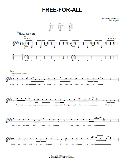 Ted Nugent Free-For-All sheet music notes and chords. Download Printable PDF.