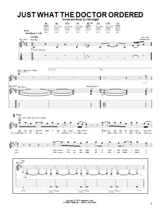 Learn to play Ted Nugent Just What The Doctor Ordered sheet music for Guitar Tab in minutes. Price: 7.8900$ Ted Nugent Just What The Doctor Ordered sheet music notes and chords arranged for Guitar Tab