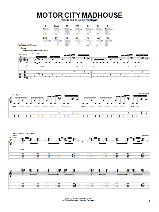 Learn to play Ted Nugent Motor City Madhouse sheet music for Guitar Tab in minutes. Price: 7.8900$ Ted Nugent Motor City Madhouse sheet music notes and chords arranged for Guitar Tab