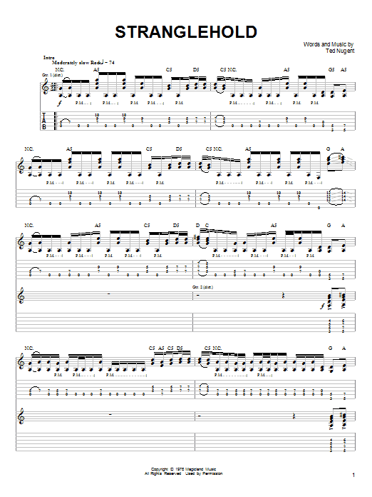 Ted Nugent Stranglehold sheet music notes and chords. Download Printable PDF.