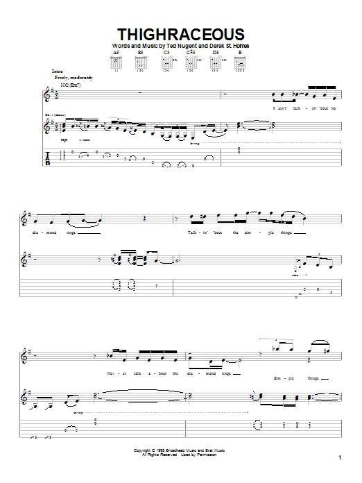 Ted Nugent Thighraceous sheet music notes and chords arranged for Guitar Tab