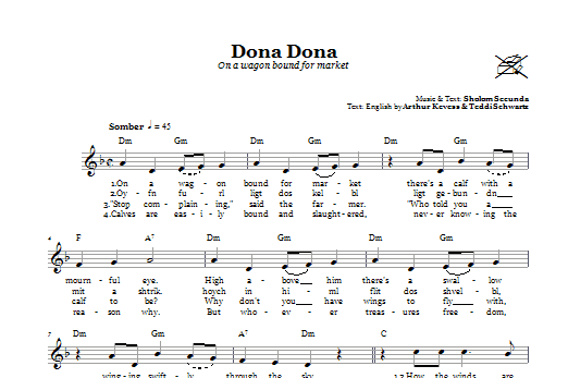 Teddi Schwartz Dona Dona (On A Wagon Bound For Market) sheet music notes and chords. Download Printable PDF.