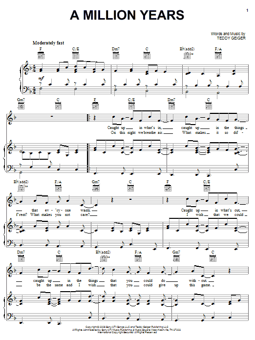 Teddy Geiger A Million Years sheet music notes and chords arranged for Piano, Vocal & Guitar Chords (Right-Hand Melody)