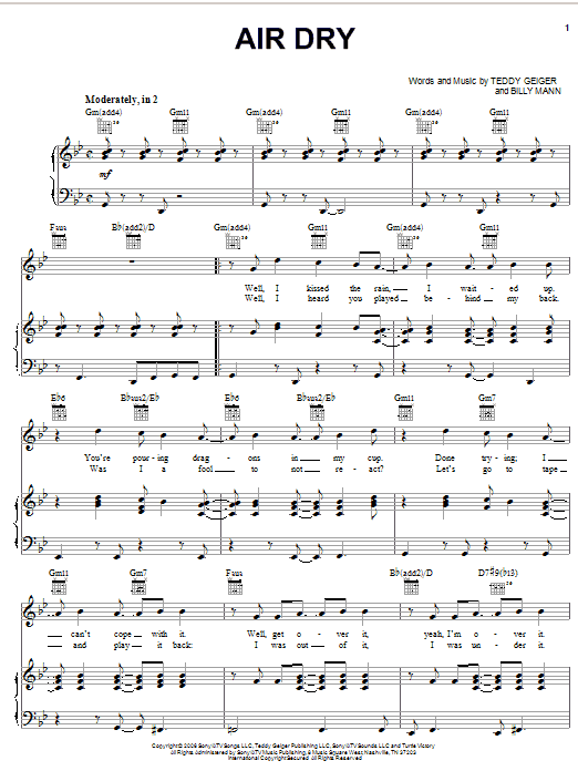 Learn to play Teddy Geiger Air Dry sheet music for Piano, Vocal & Guitar Chords (Right-Hand Melody) in minutes. Price: 7.8900$ Teddy Geiger Air Dry sheet music notes and chords arranged for Piano, Vocal & Guitar Chords (Right-Hand Melody)