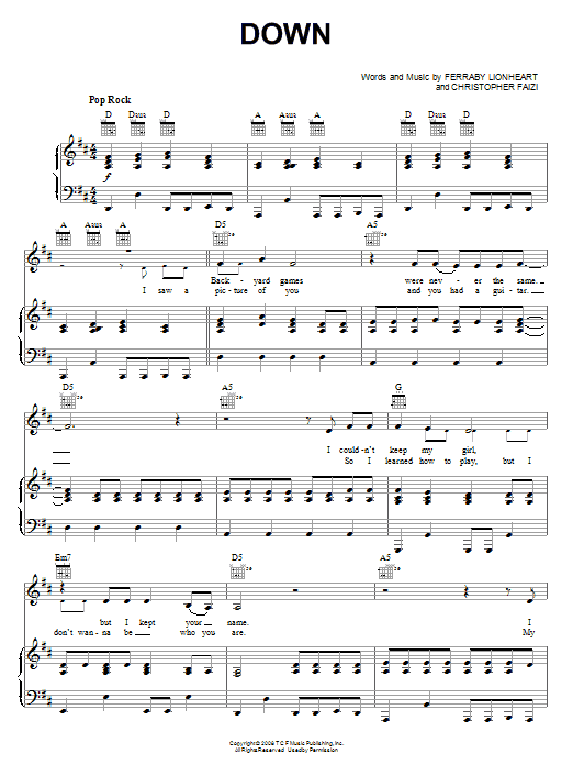 Teddy Geiger Down sheet music notes and chords arranged for Piano, Vocal & Guitar Chords (Right-Hand Melody)