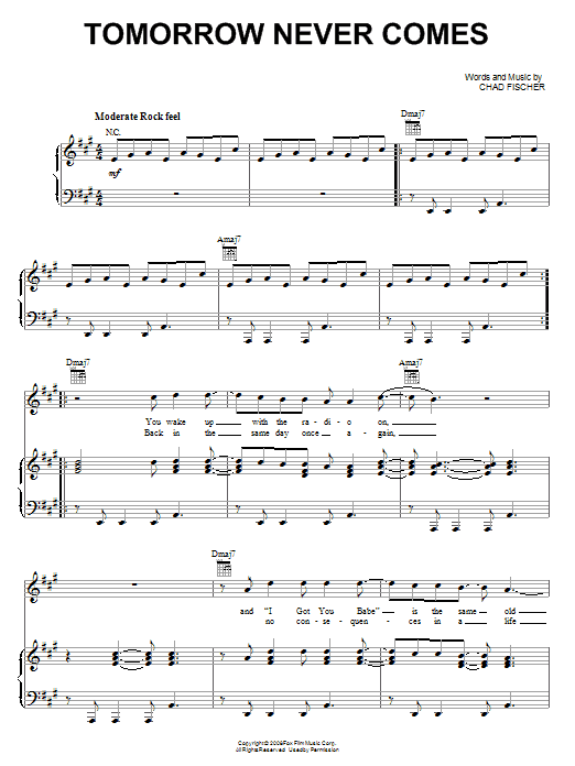Teddy Geiger Tomorrow Never Comes sheet music notes and chords arranged for Piano, Vocal & Guitar Chords (Right-Hand Melody)