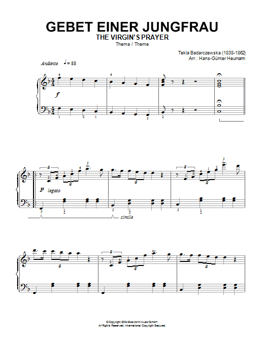 Learn to play Tekla Badarczewska The Virgin's Prayer (Theme) sheet music for Piano Solo in minutes. Price: 7.8900$ Tekla Badarczewska The Virgin's Prayer (Theme) sheet music notes and chords arranged for Piano Solo