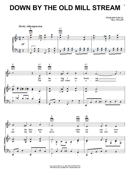 Tell Taylor Down By The Old Mill Stream sheet music notes and chords. Download Printable PDF.