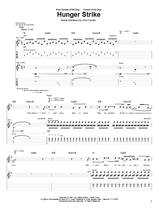 Temple Of The Dog Hunger Strike sheet music notes and chords. Download Printable PDF.