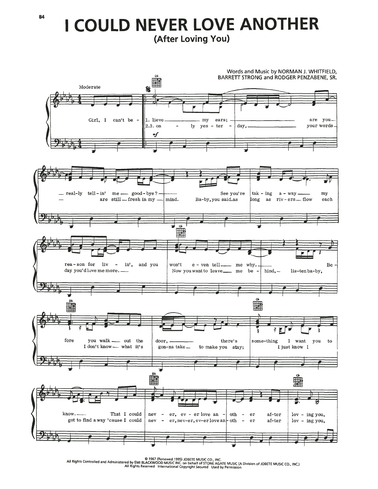 Learn to play Temptations I Could Never Love Another (After Loving You) sheet music for Piano, Vocal & Guitar Chords (Right-Hand Melody) in minutes. Price: 7.8900$ Temptations I Could Never Love Another (After Loving You) sheet music notes and chords arranged for Piano, Vocal & Guitar Chords (Right-Hand Melody)