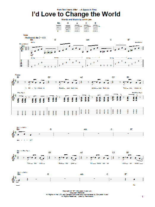 Ten Years After I'd Love To Change The World sheet music notes and chords. Download Printable PDF.