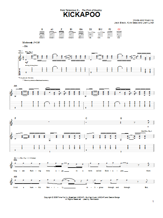 Tenacious D Kickapoo sheet music notes and chords. Download Printable PDF.